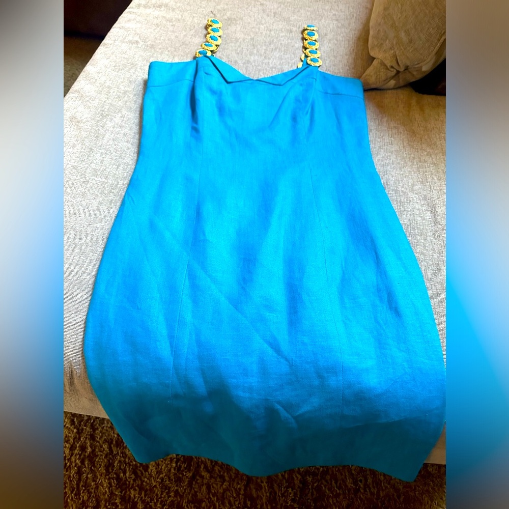 Vintage aqua Blue Sleeveless Dress with Gold Accents size 8 vintage Deborah Laws